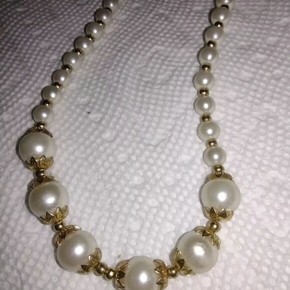 Faux Pearl and Gold Tone Bead Spacers Necklace 18" - Picture 3 of 5